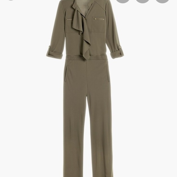 Chico’s Army Green Ruffled Utility Pantsuit Jumpsuit Womens Small - Picture 2 of 8